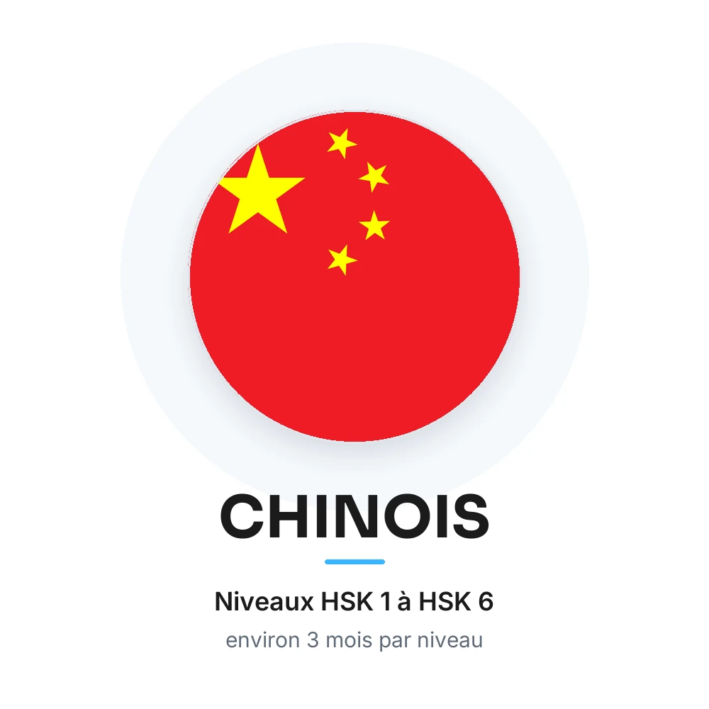 Cours de chinois chez Mega-Ique Digital : drapeau de la Chine, niveaux HSK 1 à HSK 6